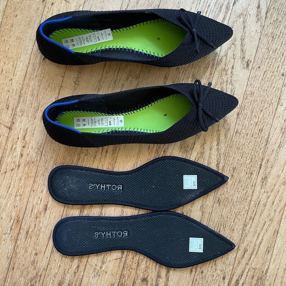 Rothy's Black Flats Comfortable Everyday Loafers pointed toe ballerina bow